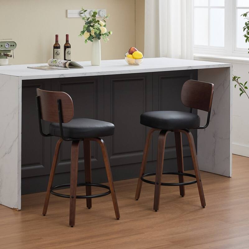 Swivel Bar Stools Set of 2, 26" Modern Faux Leather Counter Stools with Walnut Finish & 360 Degree Spin