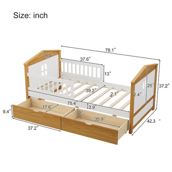 Wood House Shape Bed with Two Drawers and Fence for Girls Boys Teens
