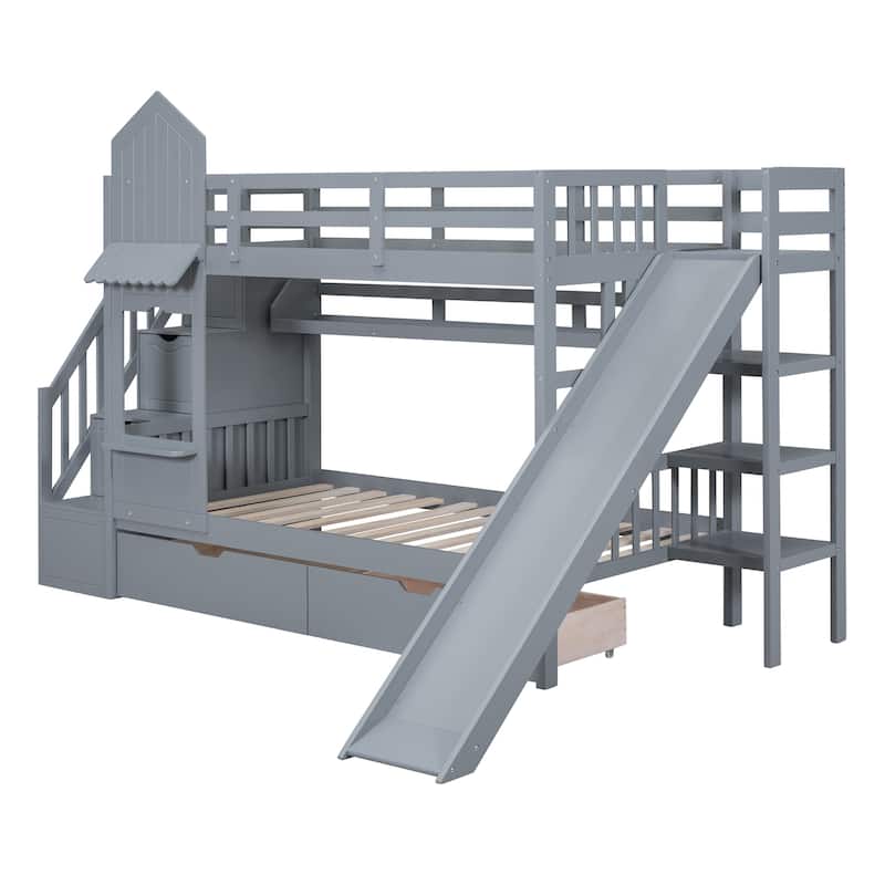 Castle Bunk Bed with 2 Drawers Shelves and Slide, Deluxe Edition Kids