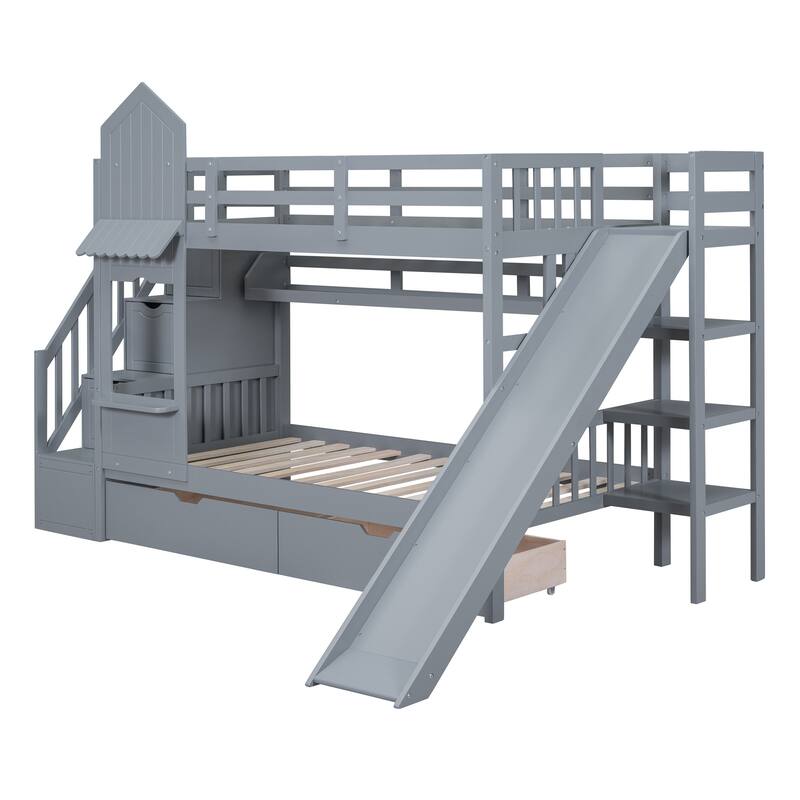 Gray Twin-Over-Twin Castle Bunk Bed with Slide, Drawers & Shelves for Kids