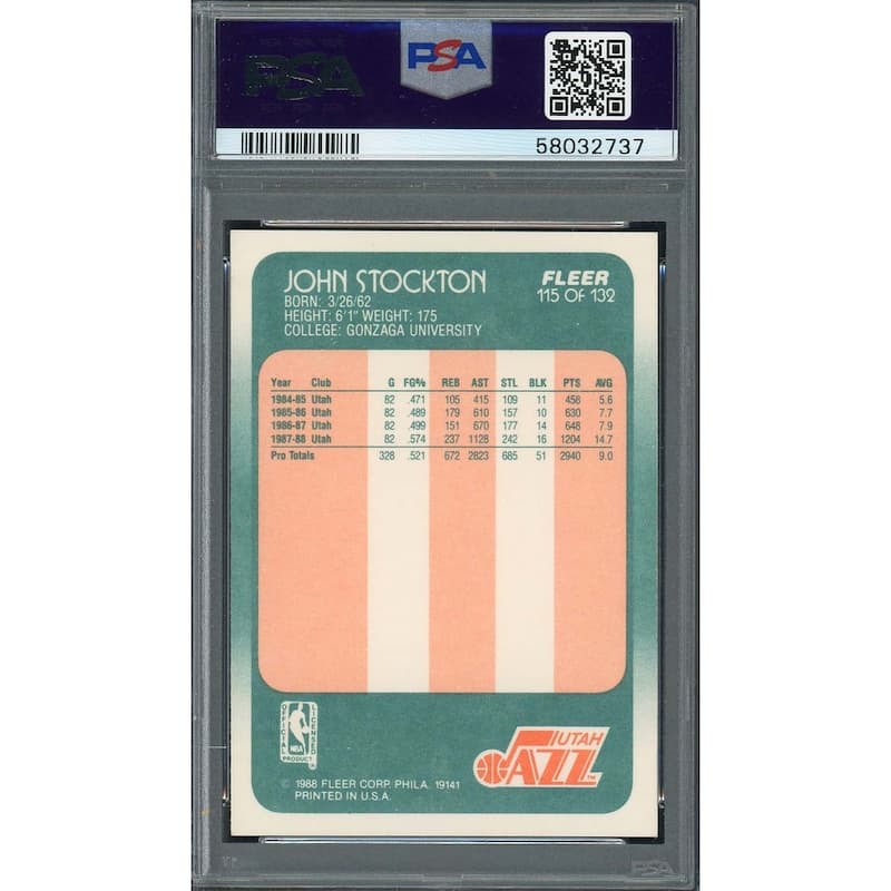 John Stockton 1988 Fleer Basketball Rookie Card RC #115 Graded PSA 8 - 8'6" x 11'6"