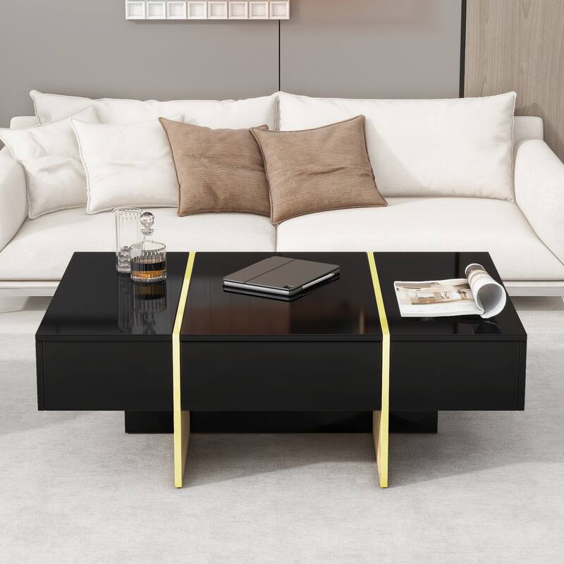 47.2" High Glossy Coffee Table with 2 Drawers and Golden Wood Grain Legs