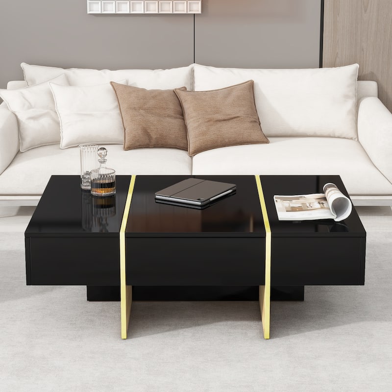Roomfitters Modern High Gloss Coffee Table with Golden Wood Grain Legs, Rectangle Center Table with Storage