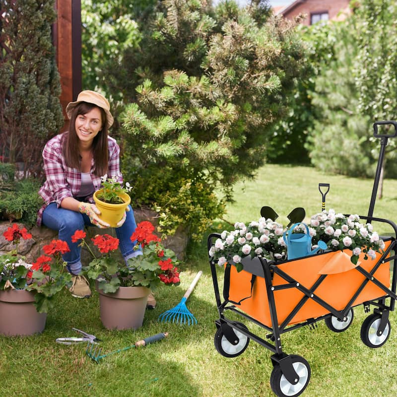 Collapsible Utility Wagon with Storage Straps - 225lb Capacity Foldable Cart, Orange
