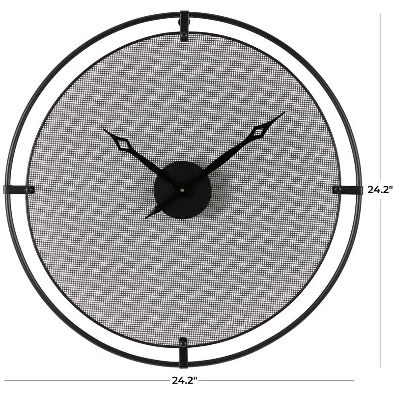 Metal Minimalistic Wall Clock with Mesh Backing - Black - Roche River Decor - 2"W x 24"L x 24"H