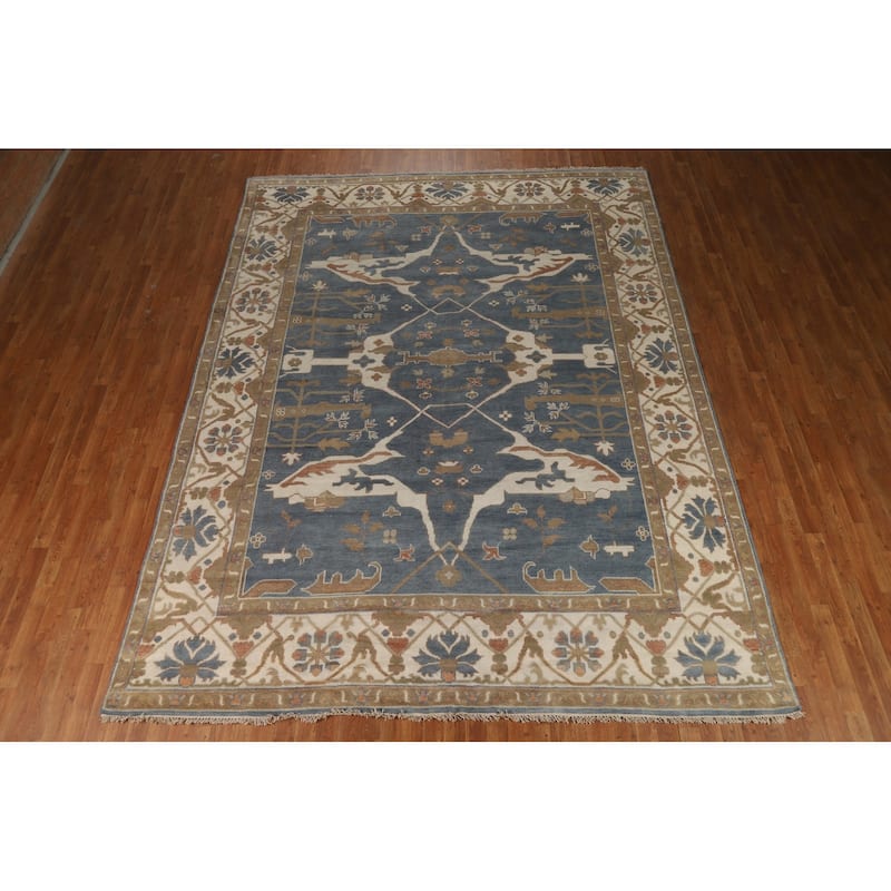 Blue & Ivory Oushak Indian Area Rug Handmade Wool Carpet - 9'2"x 12'0"