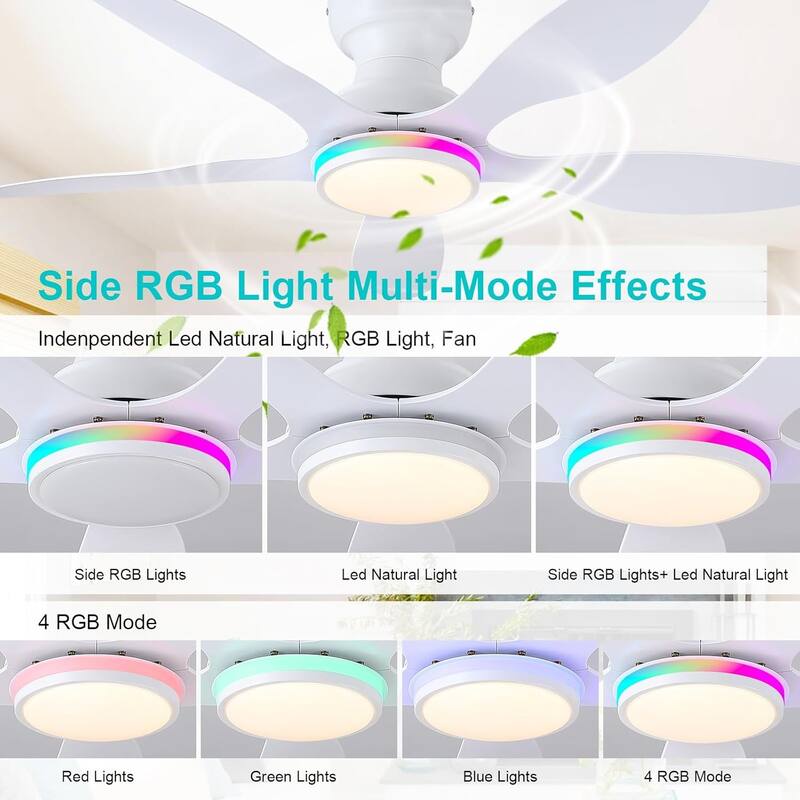 46" Modern Flush Mount Ceiling Fan with LED Light and Remote APP Control Reversible DC Motor for Living Room Bedroom - 46 Inches