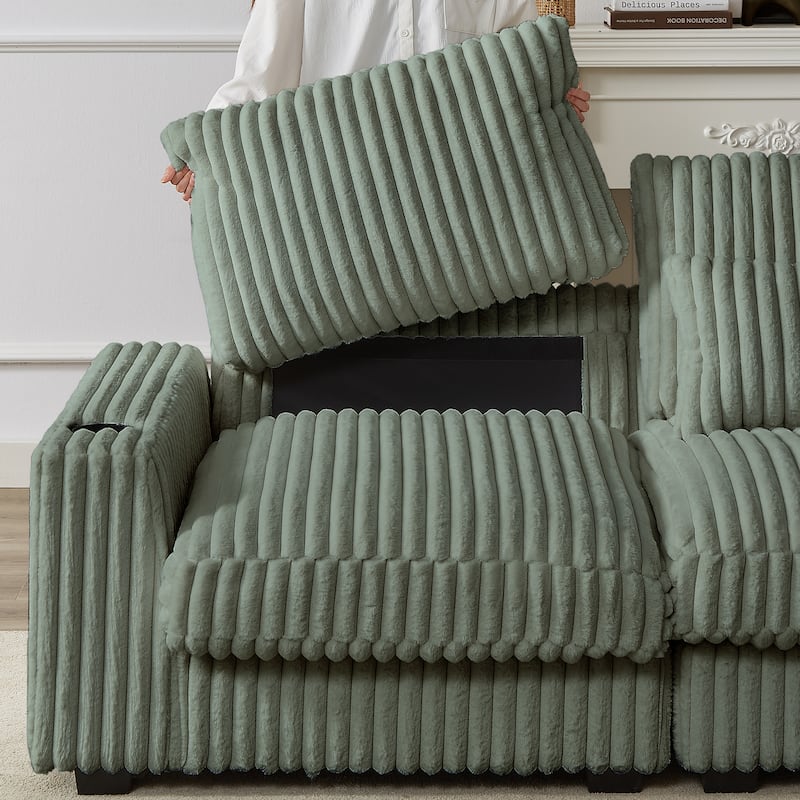 Super Large 126-Inch Corduroy L-Shaped Sofa with Cup Holders, USB Port, Movable Footrest, and 8 Cushions.