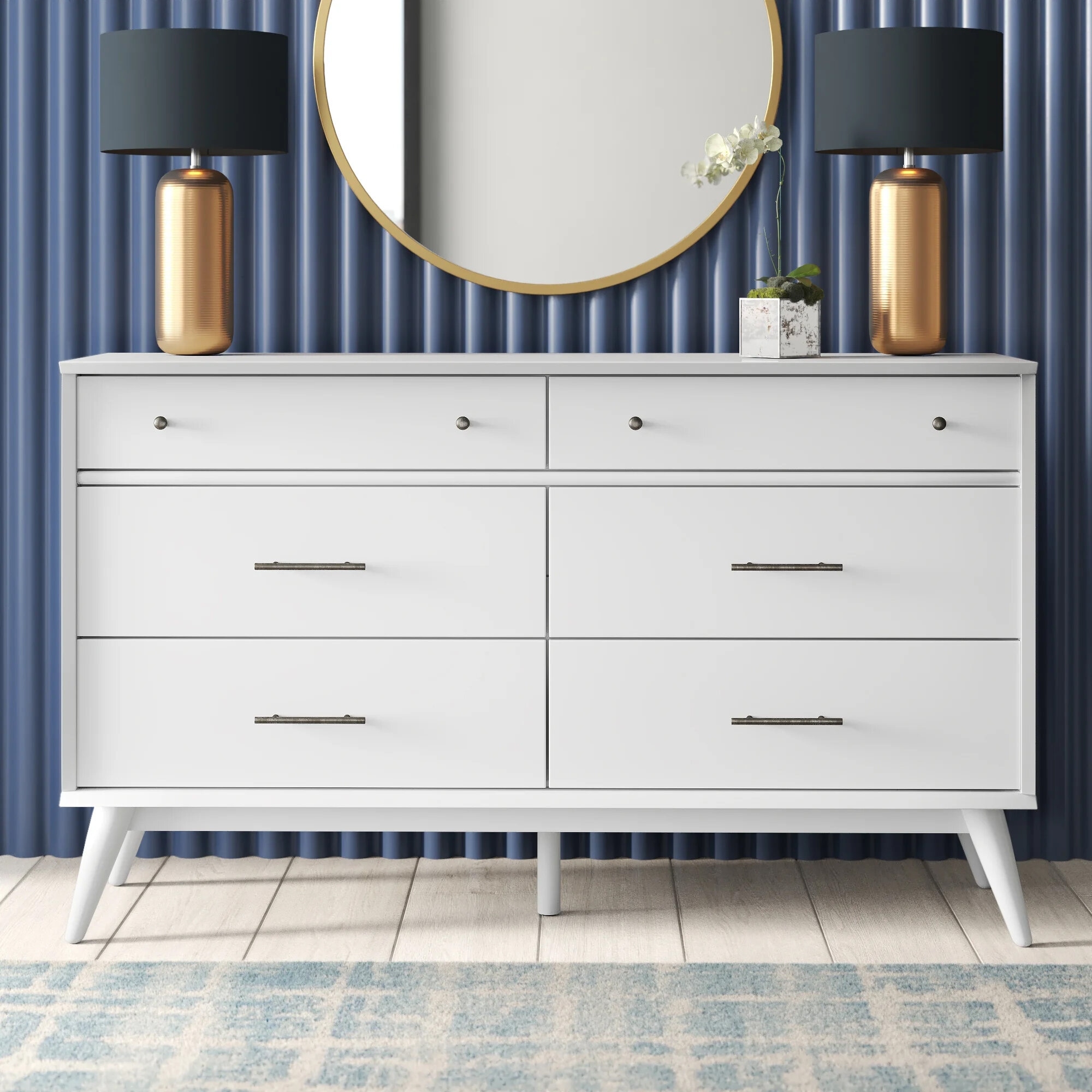 Mid-Century Castahno Solid Wood Six Drawer Dresser