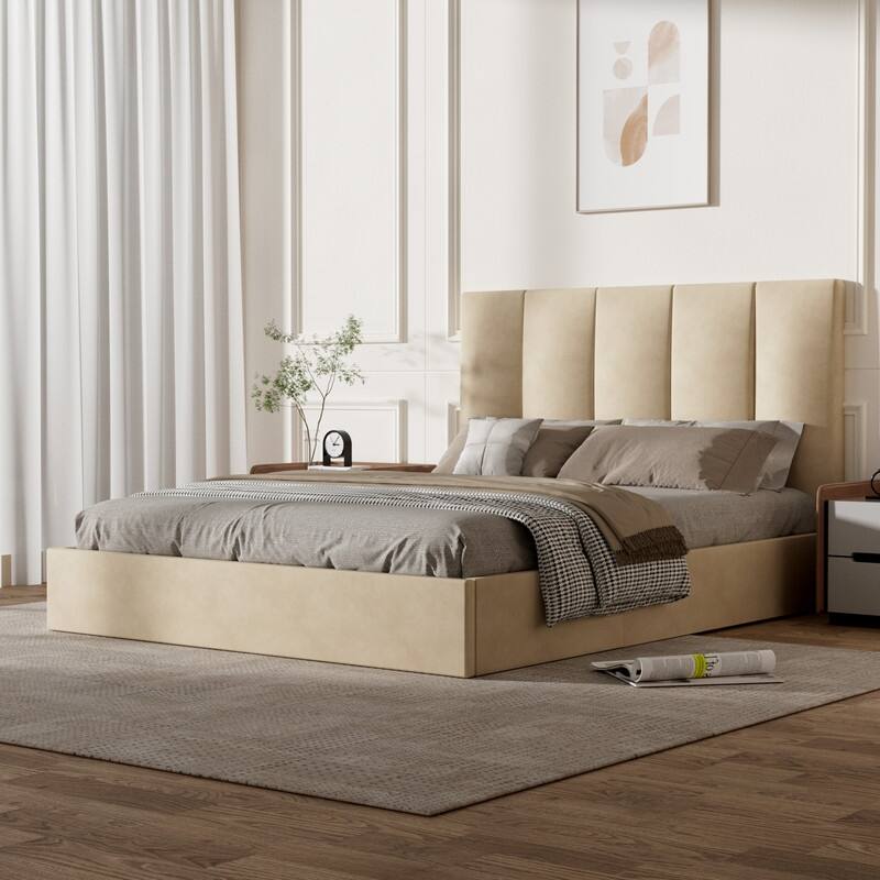 Modern Upholstered Lift-Up Storage Platform Bed with Headboard