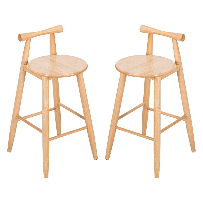 Rubberwood Bar Stools Set of 2 with Cross Backrest and Footrest Natural Wood