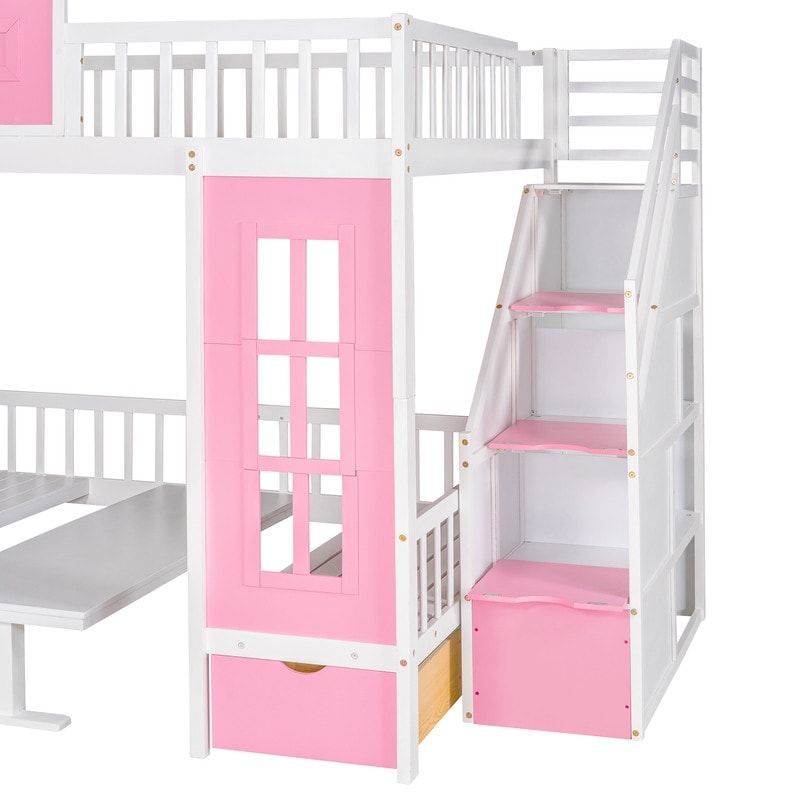Pink Full-Over-Full Bunk Bed with Changeable Table, Bunk Bed Turn