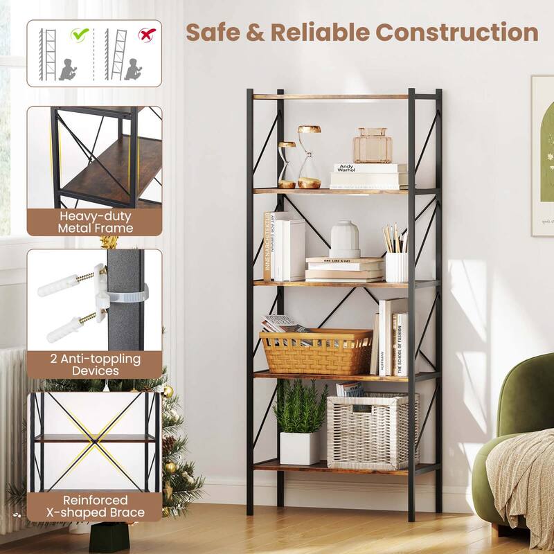 Costway 1/2 PCS 5-Tier Bookshelf, Industrial Tall Bookcase with Open