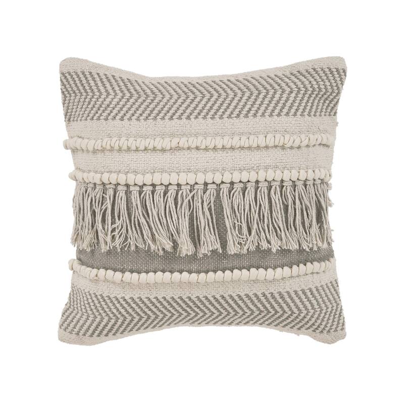 Handwoven Striped Square Throw Pillow with Fringes - 20" - Cream and Gray