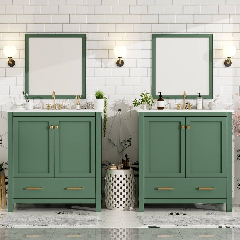 60" Green Bathroom Vanity Set with Double Vanities (Separate), Double Ceramic Sinks,Storage Shelf,and Divided Drawers
