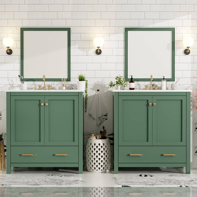 Roomfitters Modern 60" Double Bathroom Vanity Set with Ceramic Sinks, Storage Shelves and Divided Drawers