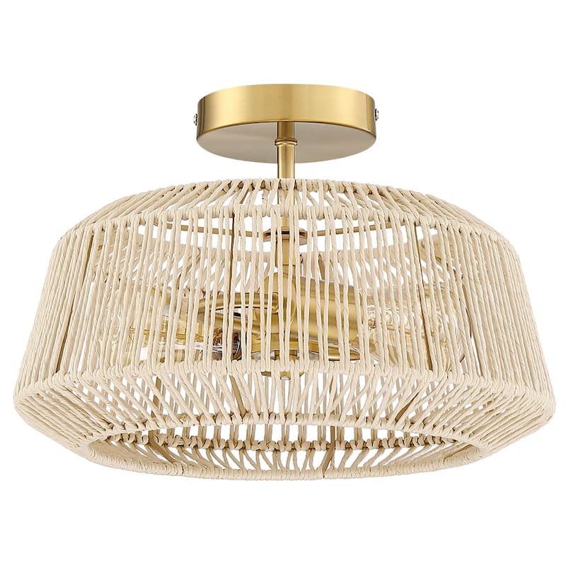 2-Light Rattan Semi-Flush Mount Ceiling Light - 14 in W