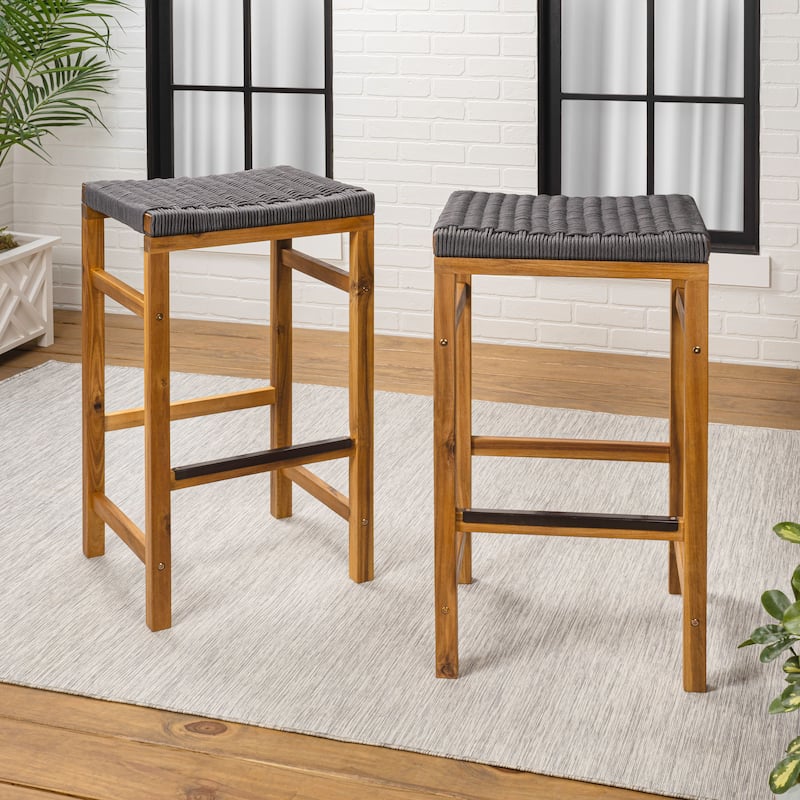 Armand Backless Acacia Wood Outdoor Stool with Woven Rope Seat, (Set of 2)