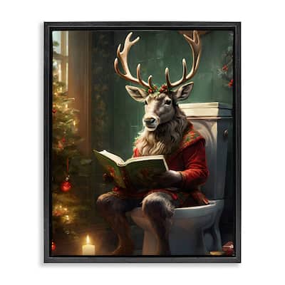 Stupell Reindeer in Festive Bathroom Framed Floater Canvas Wall Art Design By Jo Moulton