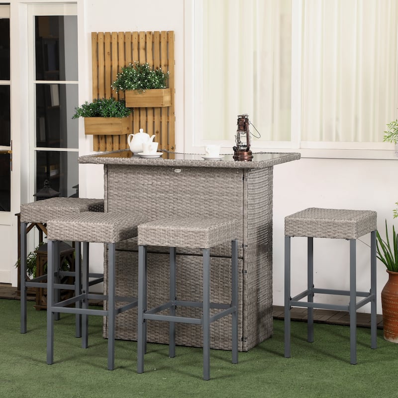Outsunny 5 Piece Rattan Wicker Bar Set, High Top Outdoor Table and Chairs, Bar Height Patio Set - Grey
