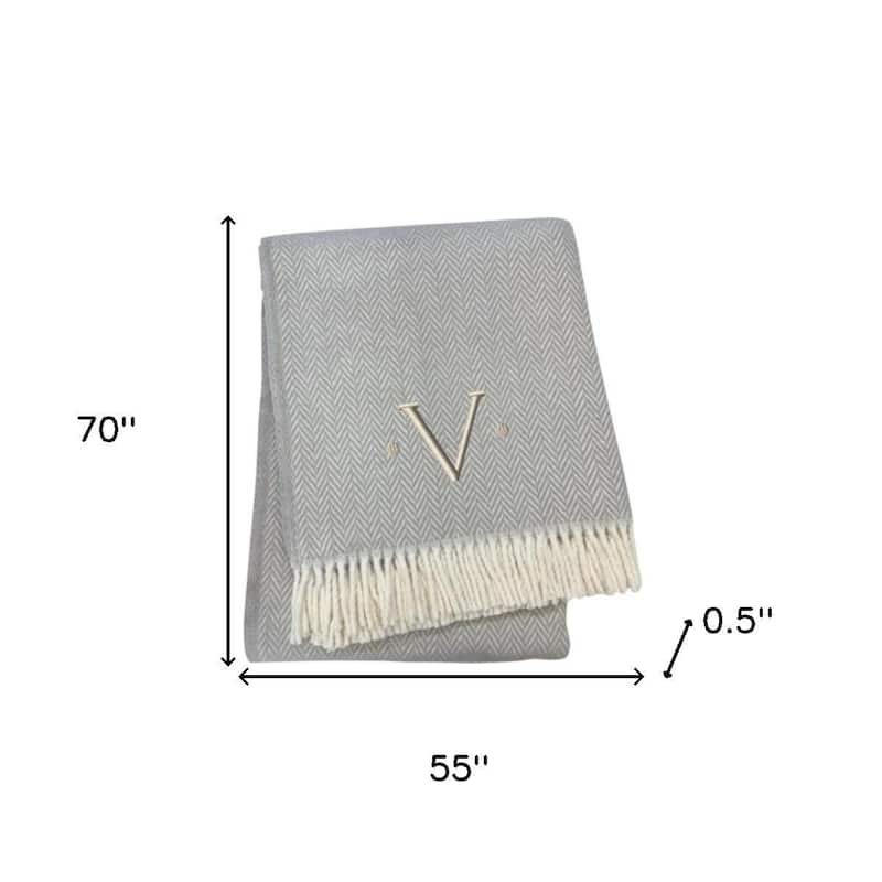 HomeRoots 55" X 70" Gray And White Herringbone Cotton Blend V Initial Throw Blanket with Tassels And Embroidery
