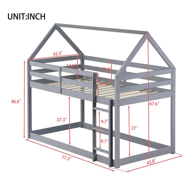 Twin Over Twin Floor Bunk Bed with House Roof Design, Rubber Wood Frame, Ladder and Guardrails for Kids Bedroom