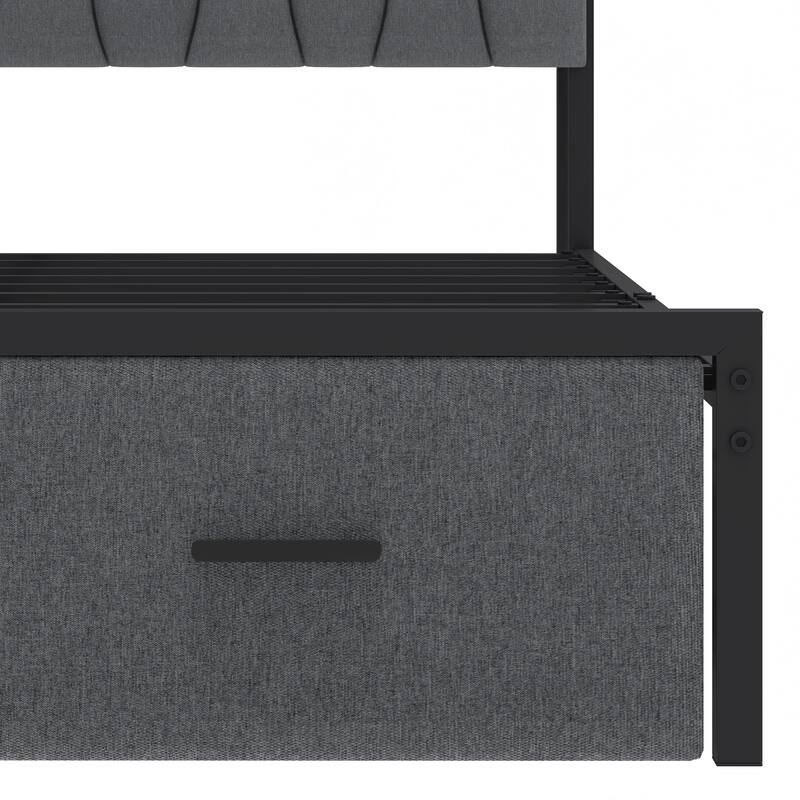 Moasis Linen Upholstered Platform Bed, Bed Frame with Hidden Storage Headboard and Charging Station