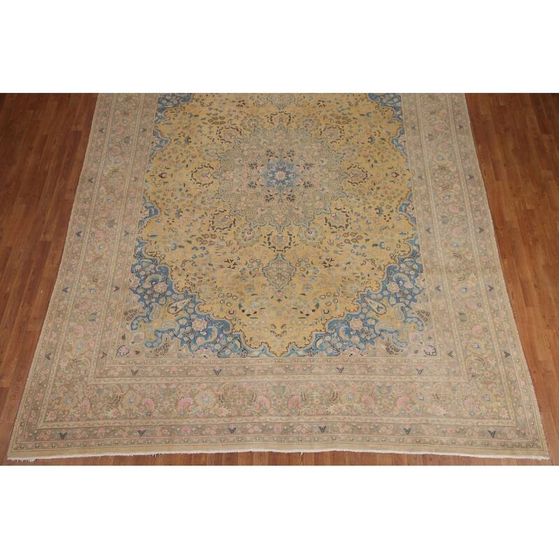 Hand Knotted Oriental 100% Wool Carpet Traditional Floral Yellow & Gold Mashad Area Rug - 12' 6'' X 9' 7''