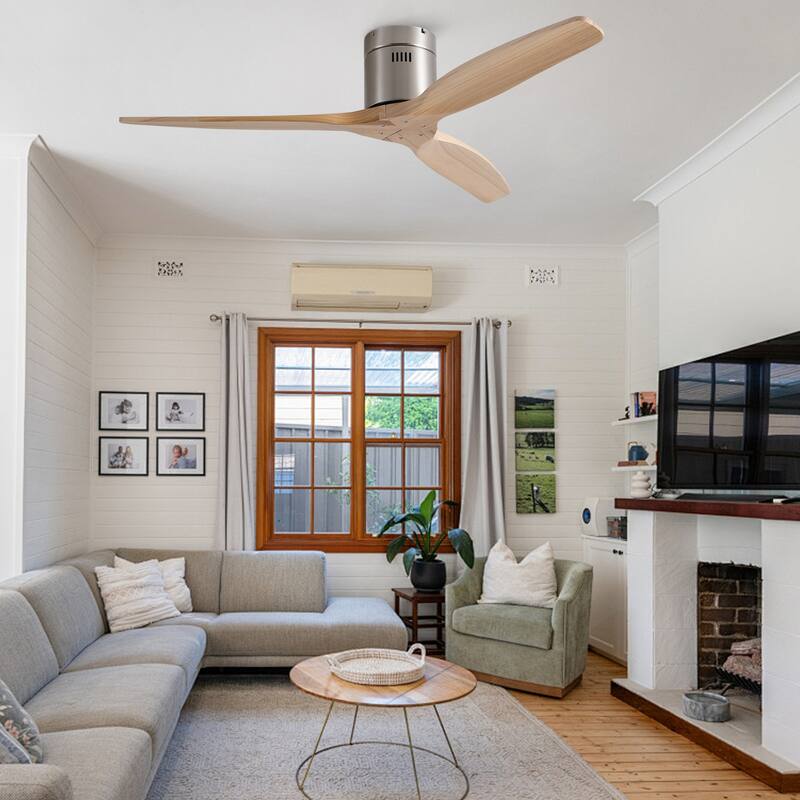 52In. Farmhouse Indoor Flush Mount Low Profile Ceiling Fan with Solid Wood Blades and Remote Control