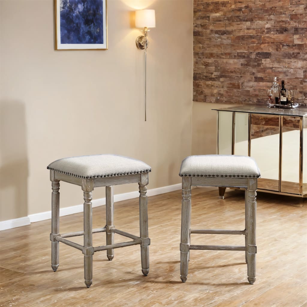 Wood Upholstered Swivel Counter Height Stool in Tan (Set of 2)