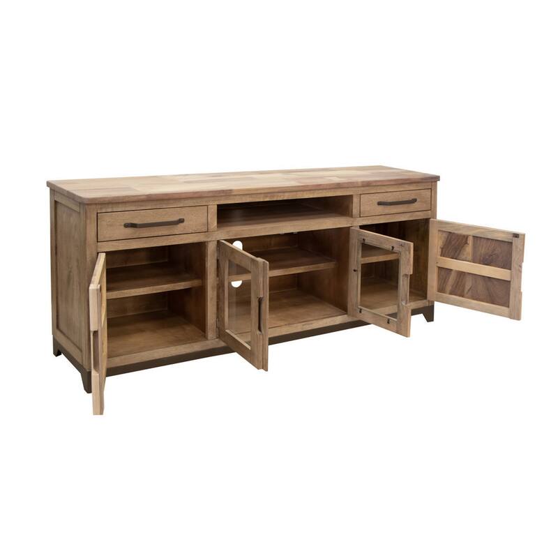 Umey 70 Inch TV Entertainment Console, 2 Drawers, Shelves, Wood, Brown