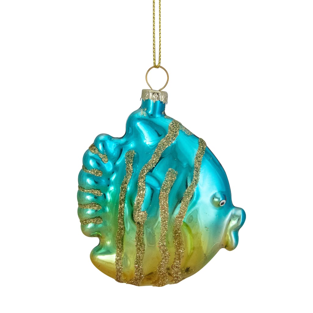 Tropical Fish Glass Christmas Ornament - 3" - Turquoise and Yellow