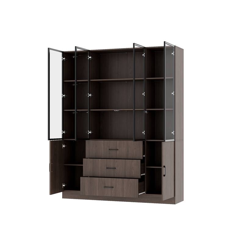 Bookshelves Bookcase Modular Glass Display Cabinet with LED Lights, Dark Wood Storage Combination Cabinet System