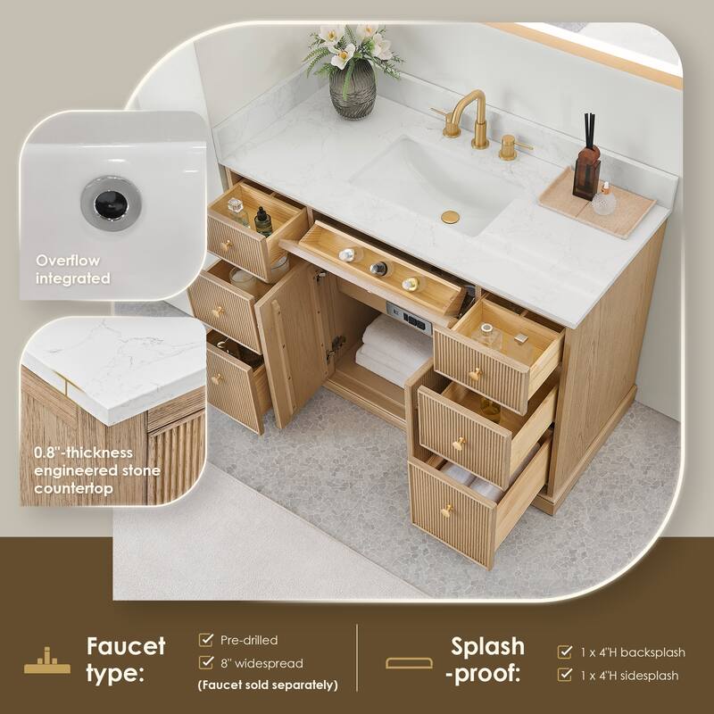 Barnett Bathroom Vanity in Natural Oak with Grain White Engineered Stone Countertop No Mirror