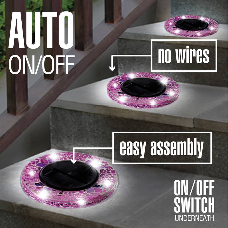 Bell + Howell 6 LED Round Fuchsia Mosaic Solar Powered Disk Lights with Auto On/Off - 8 Pack - Red