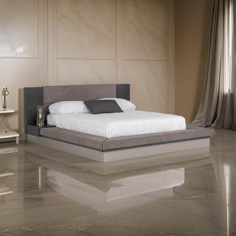 Noe Ruby Queen Bed with Built in Nightstands, Low Height, Gray Upholstery