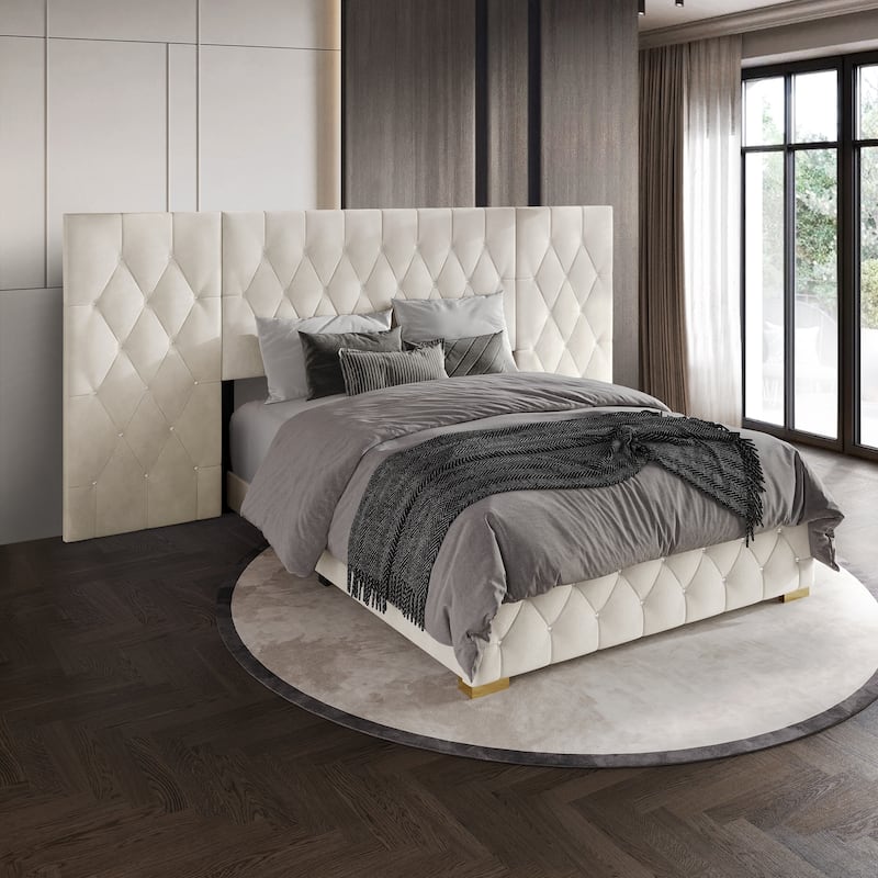 CraftPorch Luxurious Velvet Tufted Platform Bed with Wall Panels