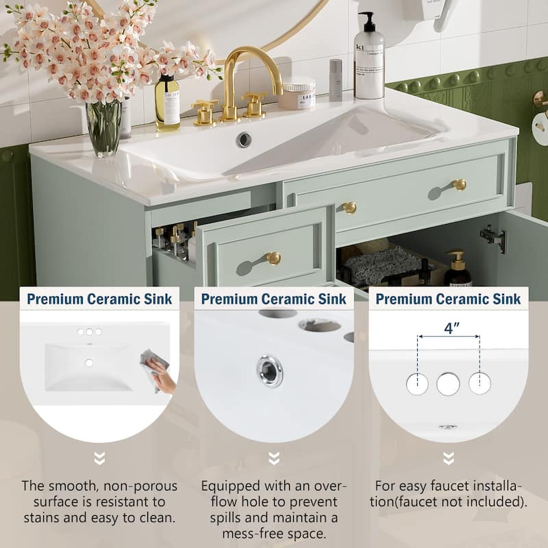 Roomfitters 36" Bathroom Vanity with Ceramic Sink, Soft Close Doors, Adjustable Shelves, Standard & Double Drawers