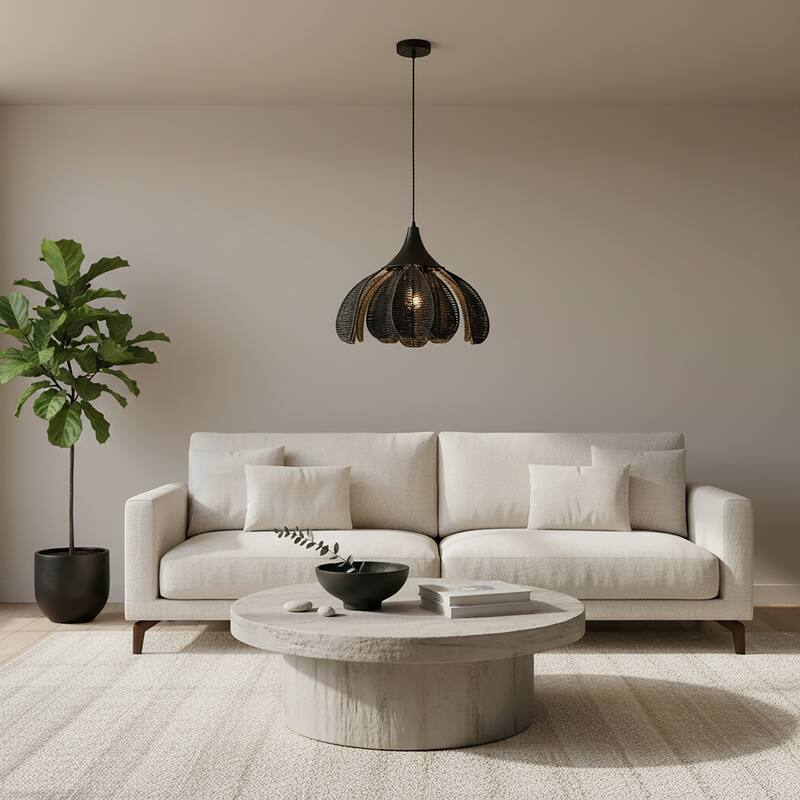 Kamala 1-Light Rattan Hemp Floral Pendant, Modern Coastal Boho - Handwoven