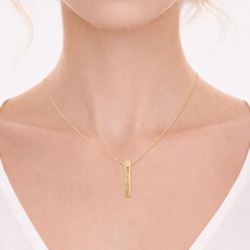 Clover 14K Yellow Gold Inspirational Bar Pendant Necklace - Hope Faith Believe Blessed - Adjustable 16-18"