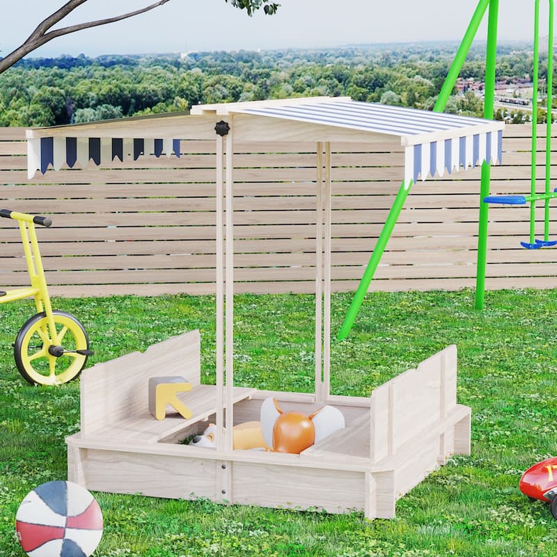 Outsunny Kids Sandbox with Cover, Outdoor Wooden Sandbox with Canopy - 41.75" x 41.75" x 47.75" - 5-7 Years - Blue