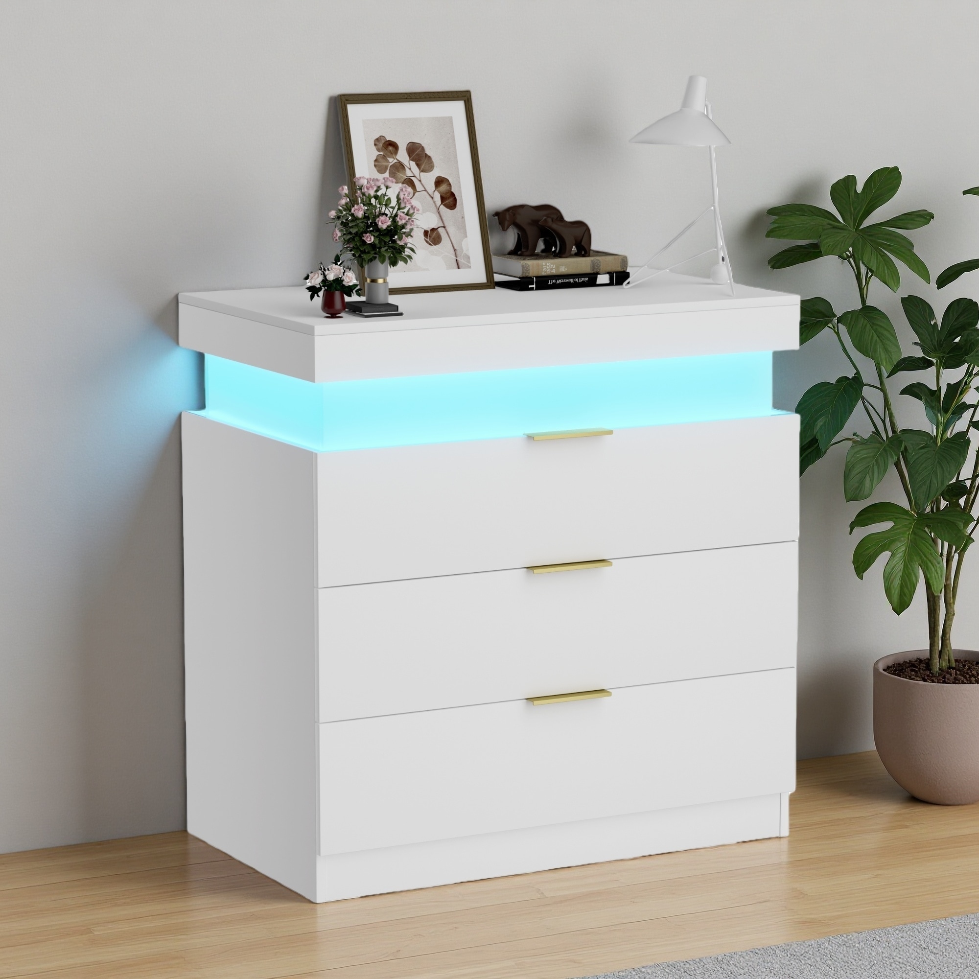 28.8''L Particleboard Nightstand with Charging Station, LED Lights, Sliding Top Drawer, 3-Drawer Modern White Bedside Table