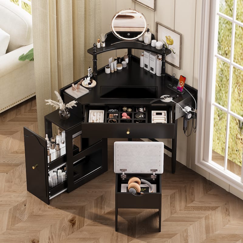 Corner Vanity Desk Set with Cushioned Stool and Charging Station,Triangle Makeup Desk with Removable Pull-Out Side Cabinet