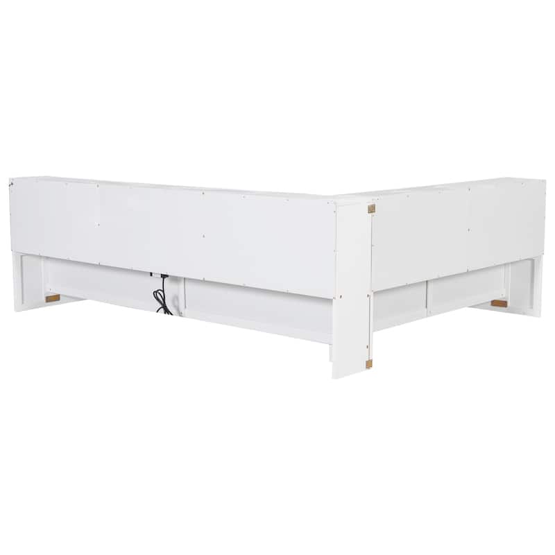 Queen L-Shape Storage Daybed with LED Shelf, Hidden Slide Cabinet & Built-In USB Power Hub by Harper&Bright Designs