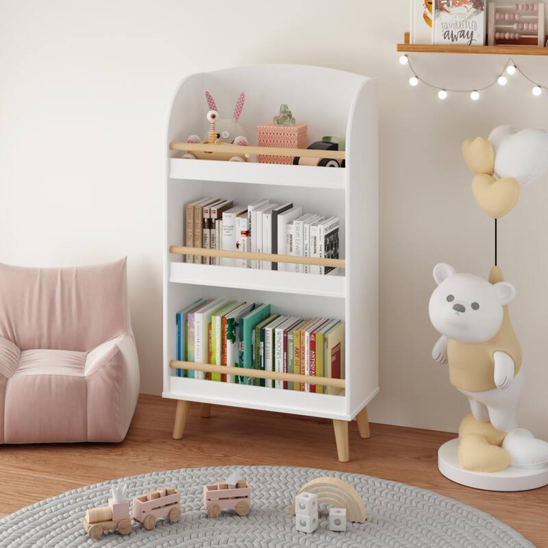 Anmytek White Arched Top Kids Bookshelf Nursery and Playroom Storage with Pine Legs