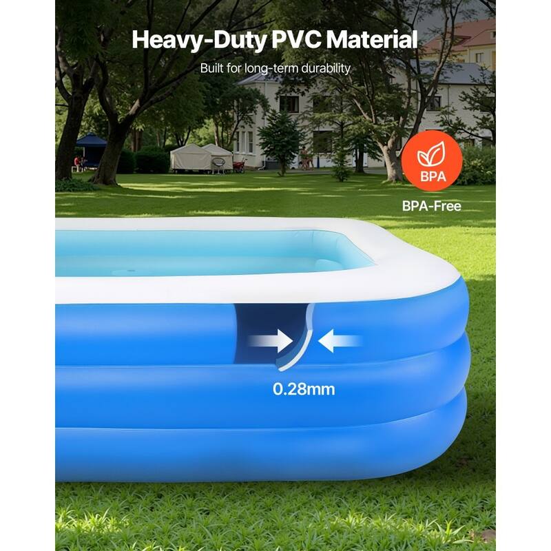 Blue PVC 3-Layer Rectangular Inflatable Pool with Drain and Patches - 118.11 x 67.01 x 20 inch