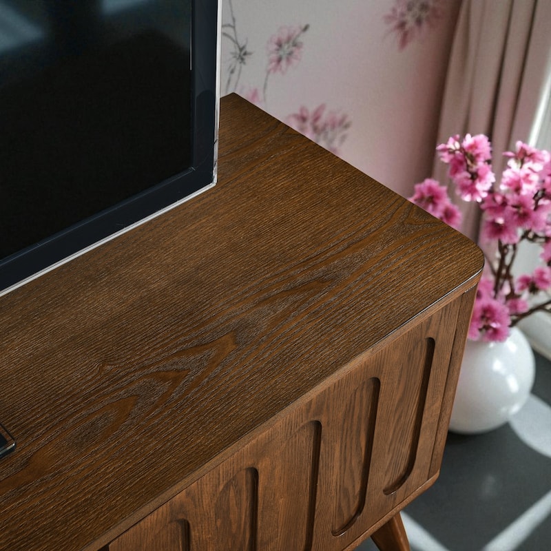 Mid-Century Modern Fluted TV Stand for 65 Inch TV, Farmhouse Wood Media Console with Drawer & Solid Wood Legs