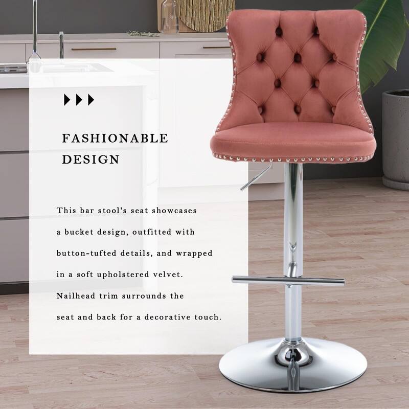 Velvet Upholstered Nailheads Tufted Swivel Bar Stools (Set of 4)