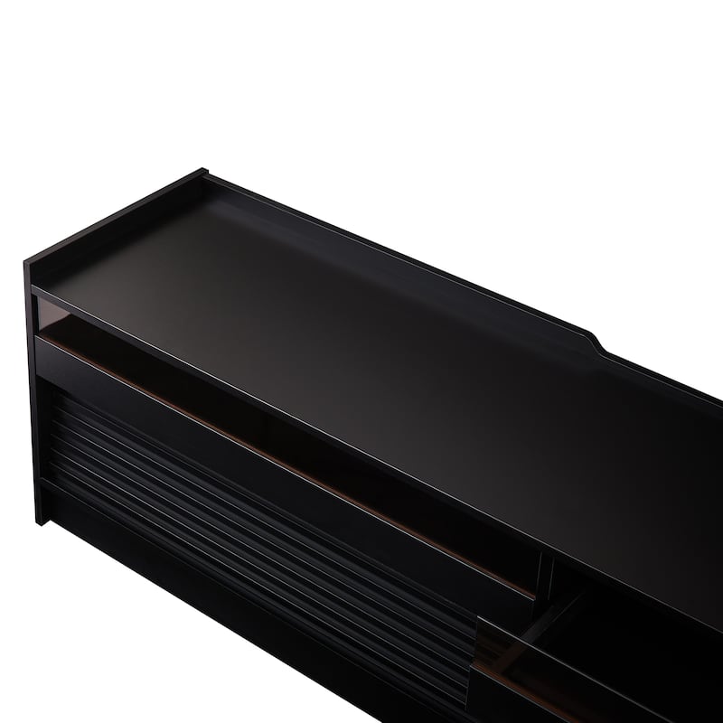 Roomfitters Modern TV Stand with 4 Drawers, Tempered Glass, Charging Ports and Ambient Lighting, Ample Storage