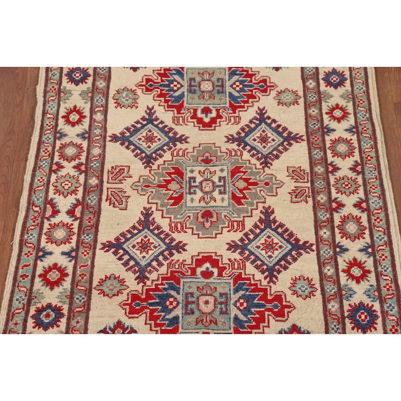 Geometric Kazak Oriental Accent Rug Handmade Beige Wool Carpet - 3'3" x 5'0"